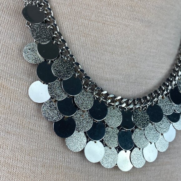 Silver Tone Disc Chain Bib Necklace 19-23" - Picture 2 of 9